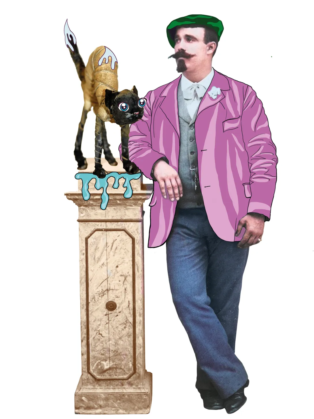 Un homme en veste rose accoudé avec un chat