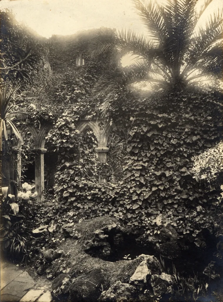 Photo d'archive en noir et blanc vue sur le jardin